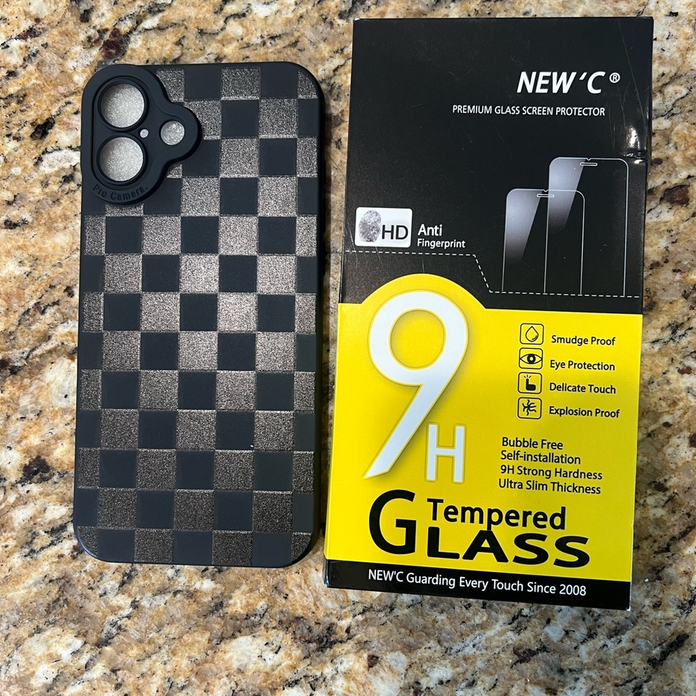 Black Checkered iPhone 16 Plus Case with Tempered Glass Screen Protector